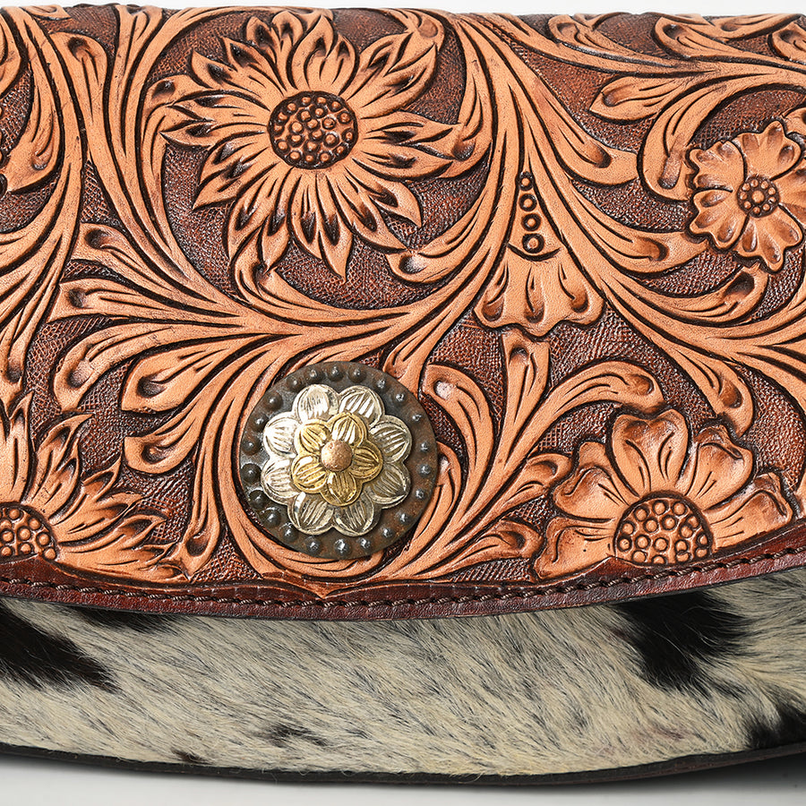 American Darling Hand Tooled Floral Carved Hair-On Cowhide Small Cross body Bag Eco-Friendly Genuine Leather Western Purse