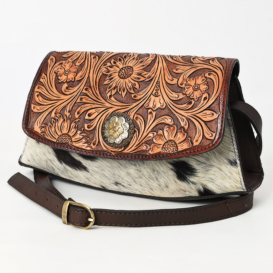 American Darling Hand Tooled Floral Carved Hair-On Cowhide Small Cross body Bag - Uhorse