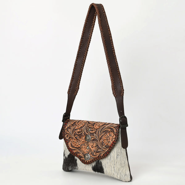 American Darling Hand Tooled Floral Carved Hair-On Cowhide Small Cross body Bag - Uhorse