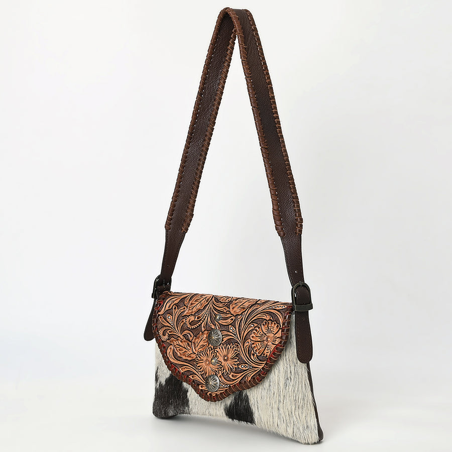 American Darling Hand Tooled Floral Carved Hair-On Cowhide Small Cross body Bag - Uhorse