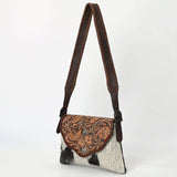 American Darling Hand Tooled Floral Carved Hair-On Cowhide Small Cross body Bag Braided Genuine Leather Western Purse