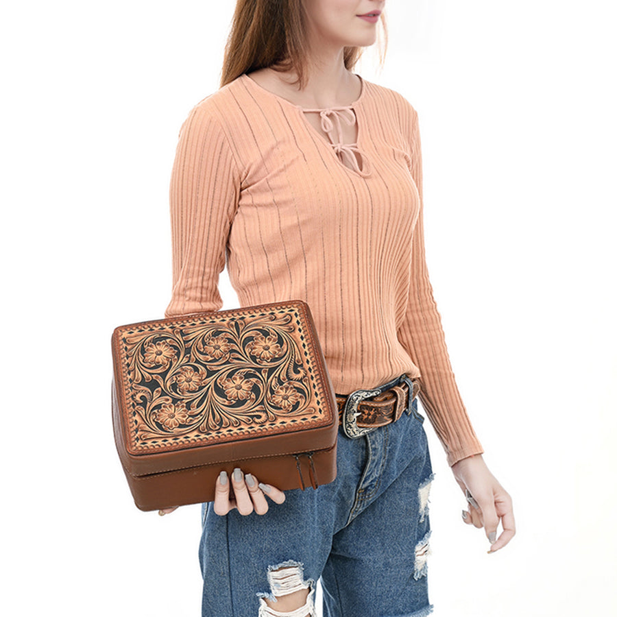 American Darling Women's Hand Tooled Floral Carved Genuine Leather Jewelry Case Eco-Friendly Travel Organizer YKK Zipper