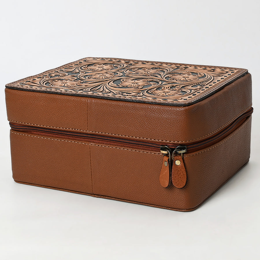 American Darling Women's Hand Tooled Floral Carved Genuine Leather Jewelry Case Eco-Friendly Travel Organizer YKK Zipper