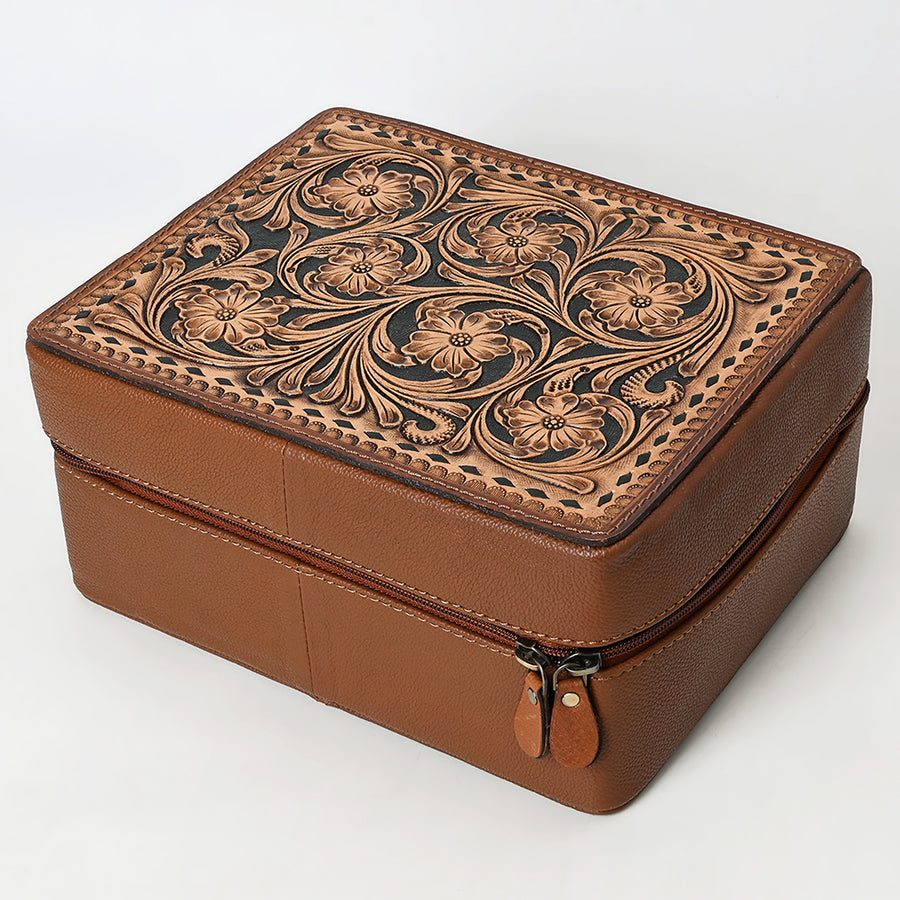 American Darling Hand Tooled Floral Carved Genuine Leather Jewelry Case - Uhorse