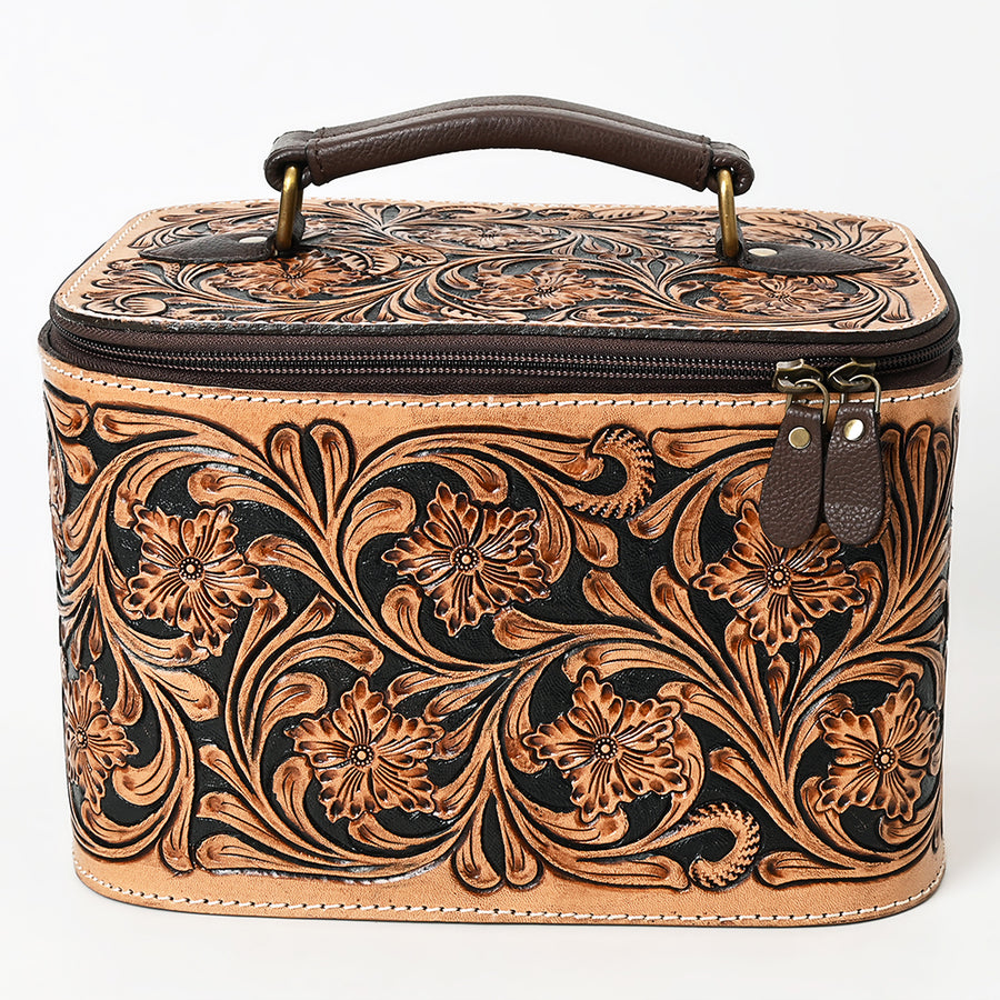 American Darling Women's Hand Tooled Floral Carved Genuine Leather Jewelry case Eco-Friendly Travel Organizer YKK Zipper