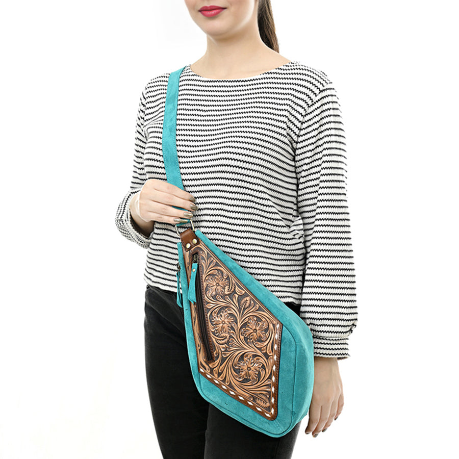 American Darling Women's Hand Tooled Floral Carved Genuine Leather Sling Bag Eco-Friendly Crossbody Purse YKK Zipper