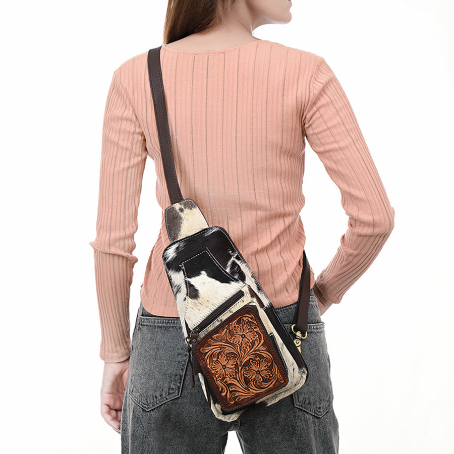 American Darling Women's Hand Tooled Floral Carved Hair-On Cowhide Genuine Leather Sling Bag Western Eco-Friendly Purse