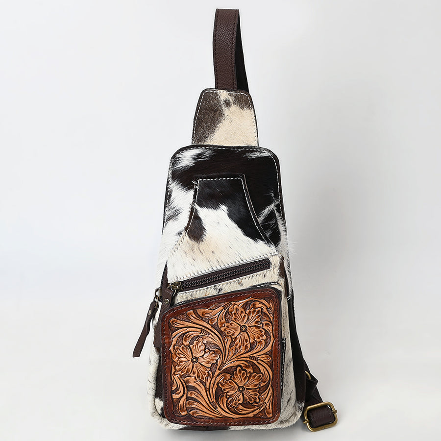 American Darling Women's Hand Tooled Floral Carved Hair-On Cowhide Genuine Leather Sling Bag Western Eco-Friendly Purse