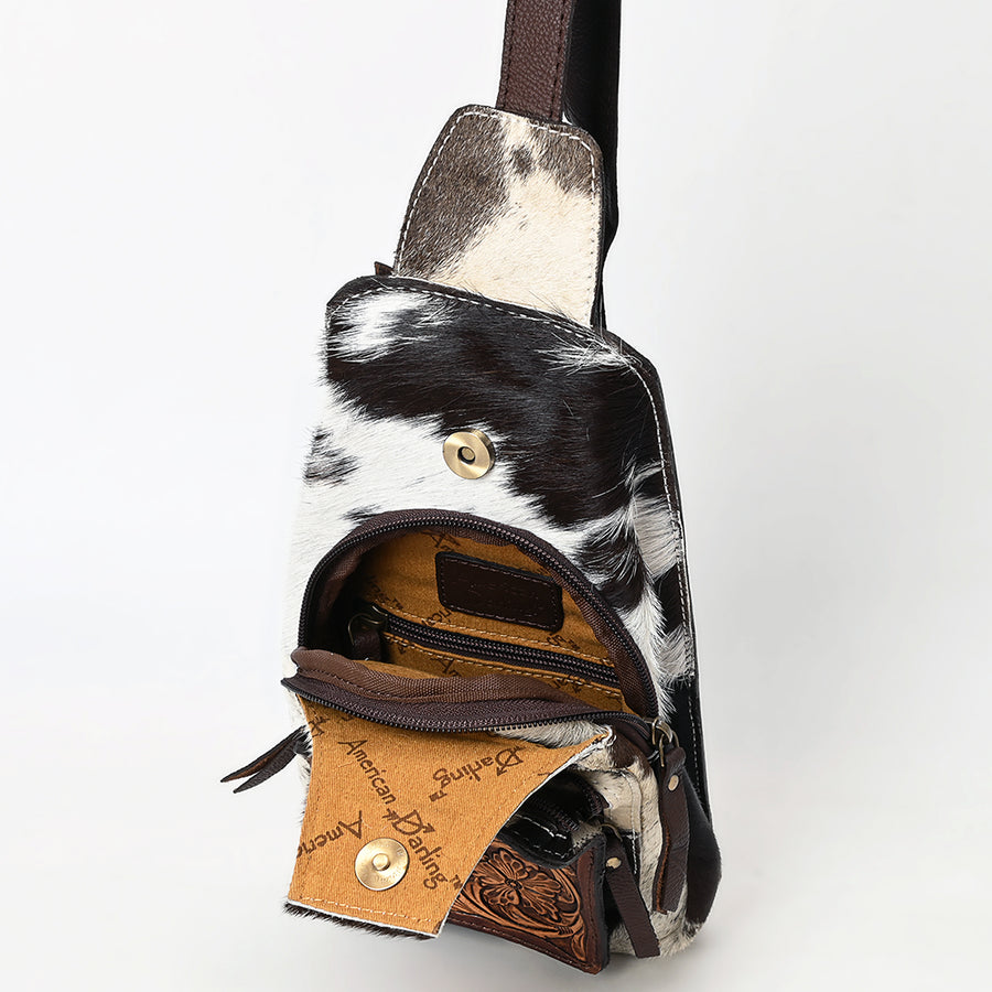 American Darling Women's Hand Tooled Floral Carved Hair-On Cowhide Genuine Leather Sling Bag Western Eco-Friendly Purse