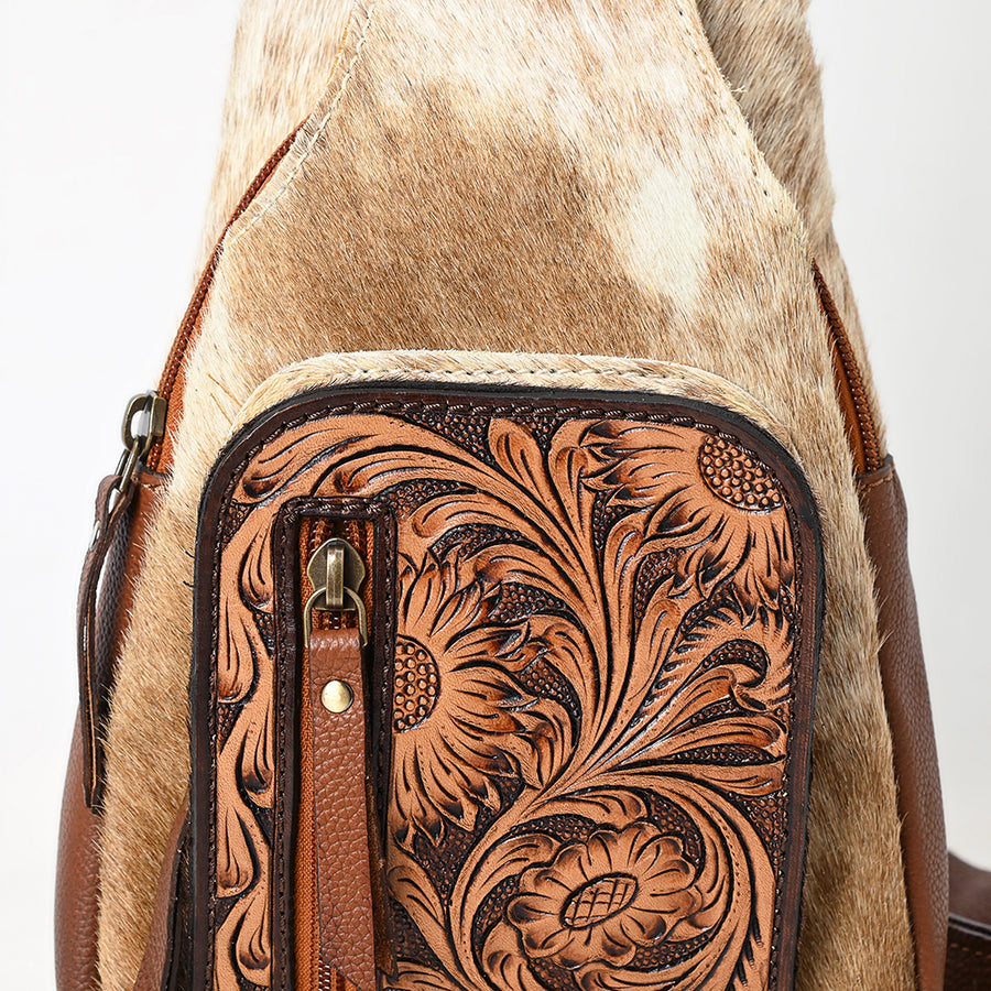 American Darling Women's Hand Tooled Floral Carved Hair-On Cowhide Genuine Leather Sling Bag Eco-Friendly Crossbody