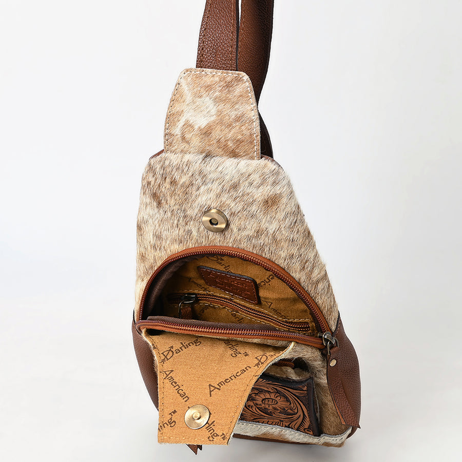 American Darling Women's Hand Tooled Floral Carved Hair-On Cowhide Genuine Leather Sling Bag Eco-Friendly Crossbody