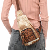 American Darling Sling Hand Tooled Hair On Genuine Leather Women Bag Western Handbag Purse