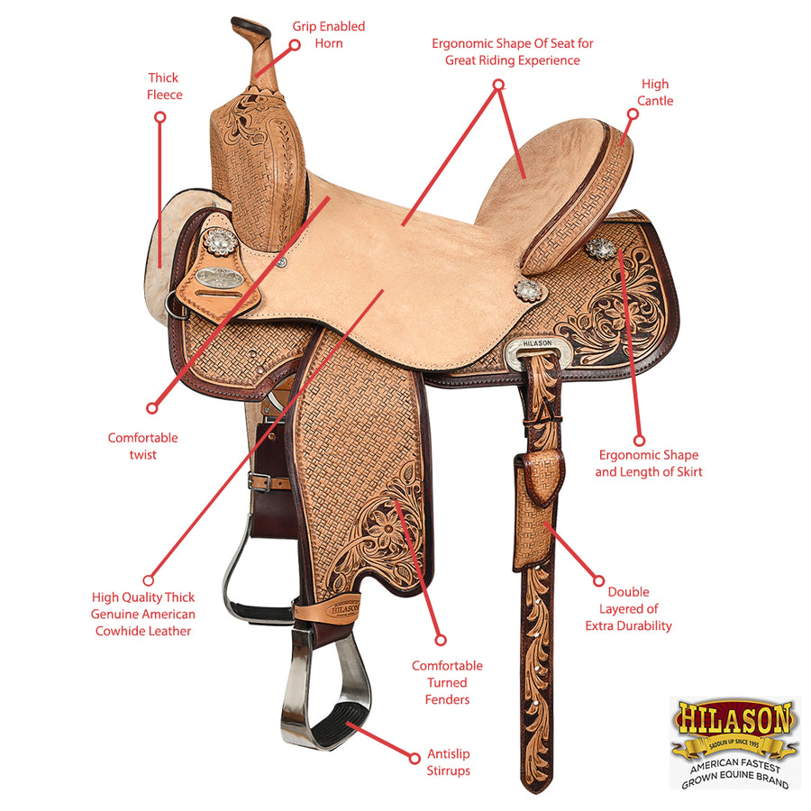 HILASON Flex Tree Western Horse Saddle in American Leather Barrel Trail | for Horses