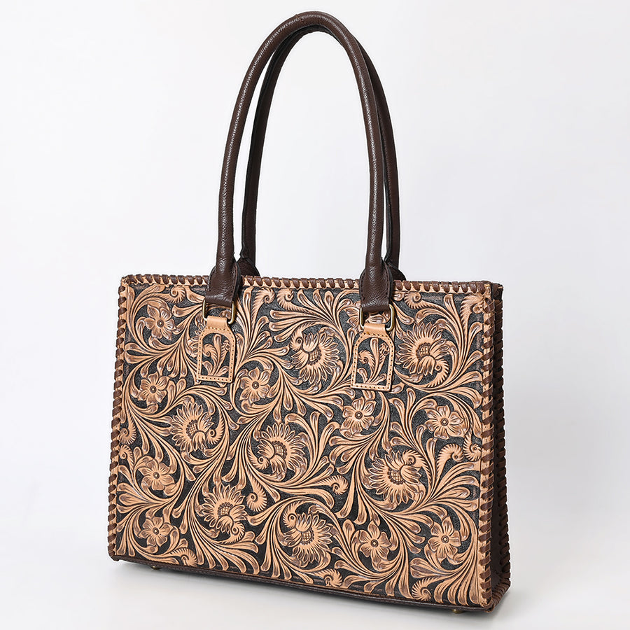 American Darling Hand Tooled Floral Carved Braided Genuine Leather Tote Bag - Uhorse