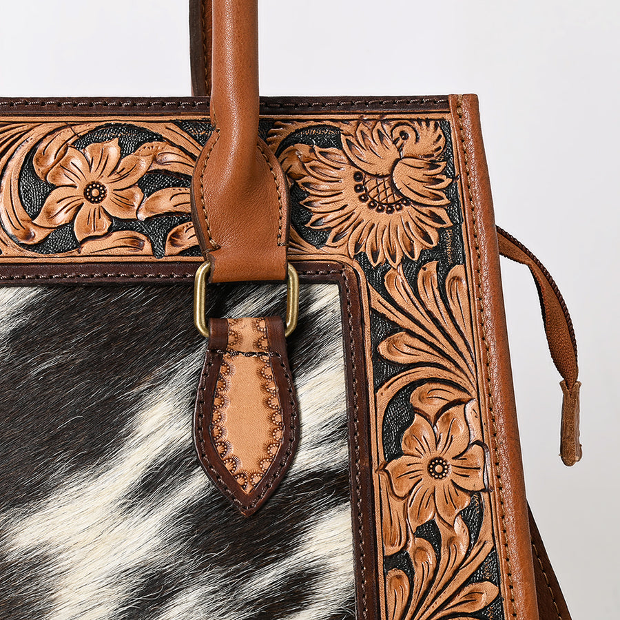 American Darling Women's Hand Tooled Floral Carved Hair-On Cowhide Genuine Leather Tote Bag Eco-Friendly YKK Zipper