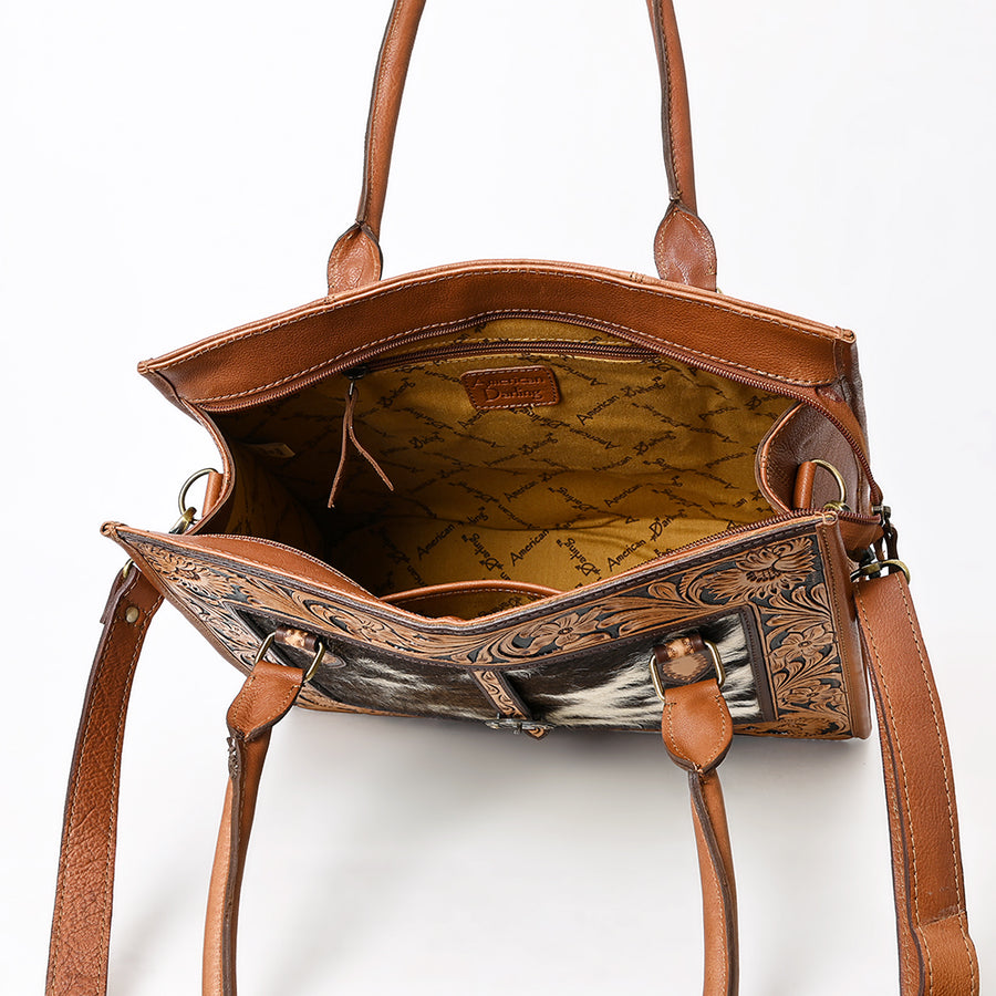 American Darling Women's Hand Tooled Floral Carved Hair-On Cowhide Genuine Leather Tote Bag Eco-Friendly YKK Zipper