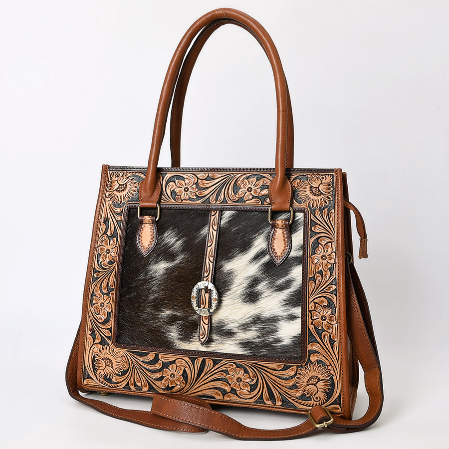 American Darling Hand Tooled Hair-On Cowhide Genuine Leather Tote Bag - Uhorse