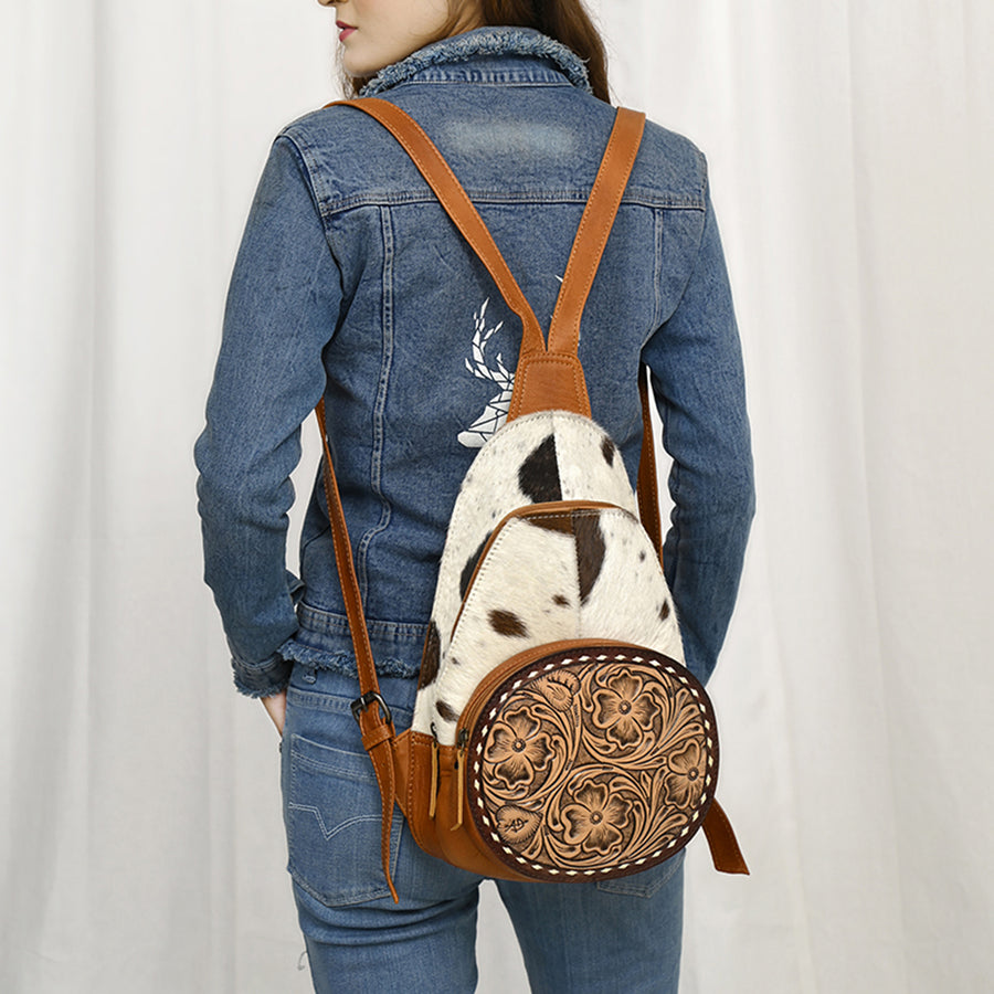 American Darling Western Sling Bag with Genuine Hair-On Cowhide, Hand-Tooled Floral Leather, Adjustable Strap & Secure Compartments