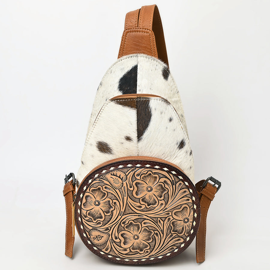 American Darling Western Sling Bag with Genuine Hair-On Cowhide, Hand-Tooled Floral Leather, Adjustable Strap & Secure Compartments