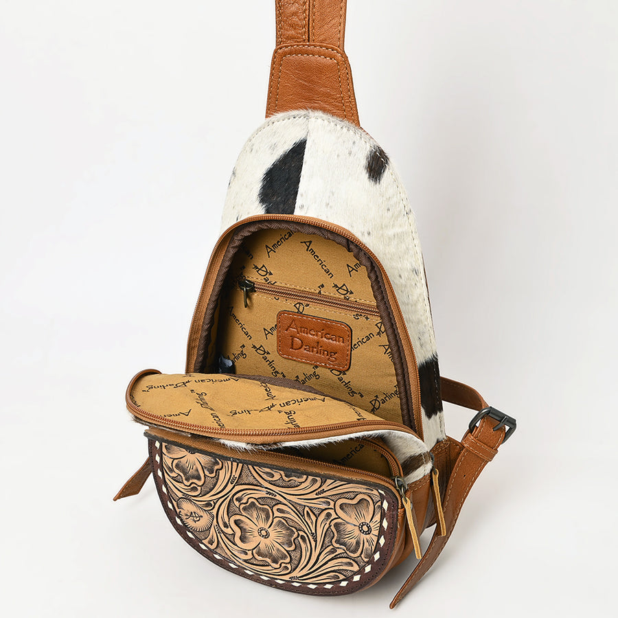 American Darling Western Sling Bag with Genuine Hair-On Cowhide, Hand-Tooled Floral Leather, Adjustable Strap & Secure Compartments