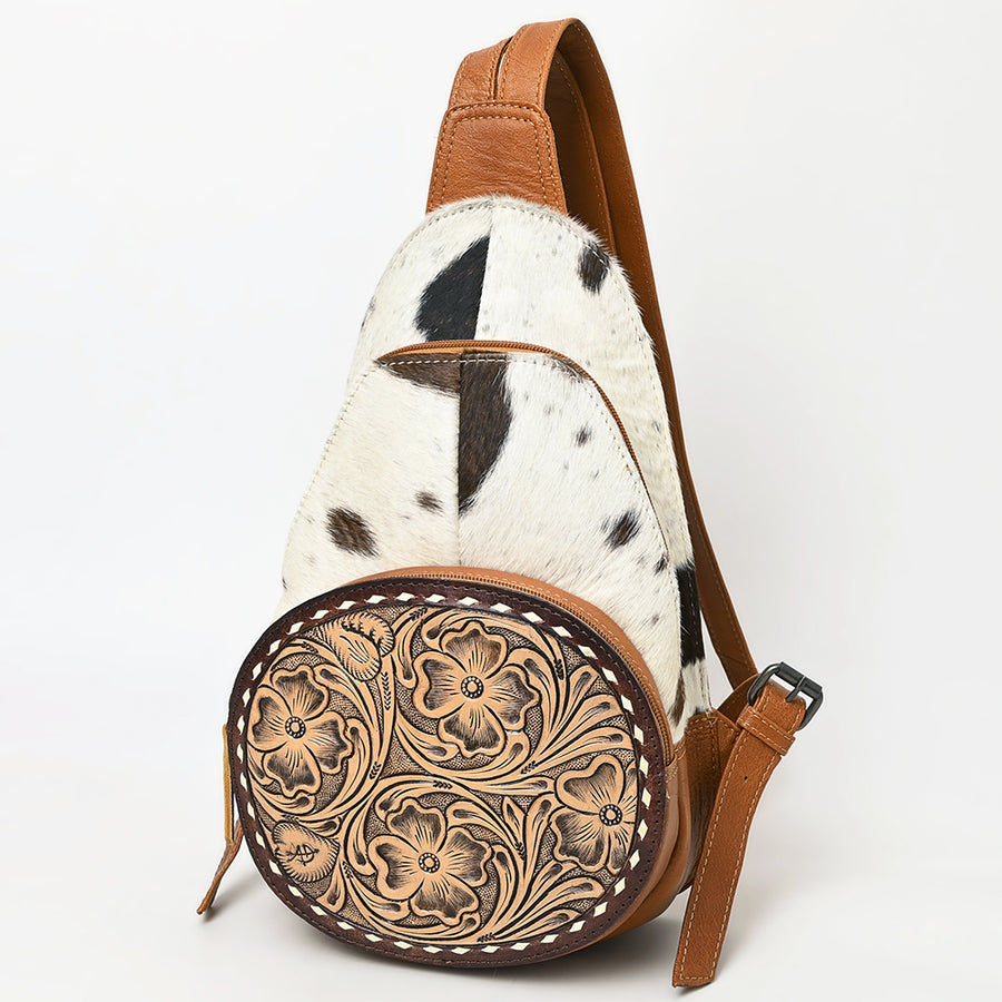 American Darling Handcrafted Western Leather Sling Bag with Genuine Hair-On Cowhide and Tooled Front - Uhorse