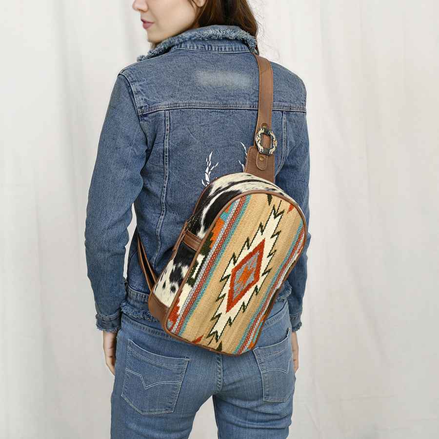 American Darling Western Leather Sling Bag with Hair-On Cowhide, Hand Woven Saddle Blanket Front, Adjustable Strap & Organized Interior