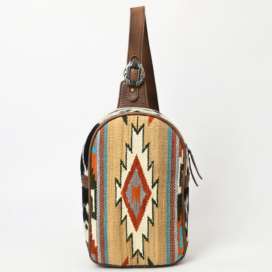 American Darling Western Leather Sling Bag with Hair-On Cowhide, Hand Woven Saddle Blanket Front, Adjustable Strap & Organized Interior