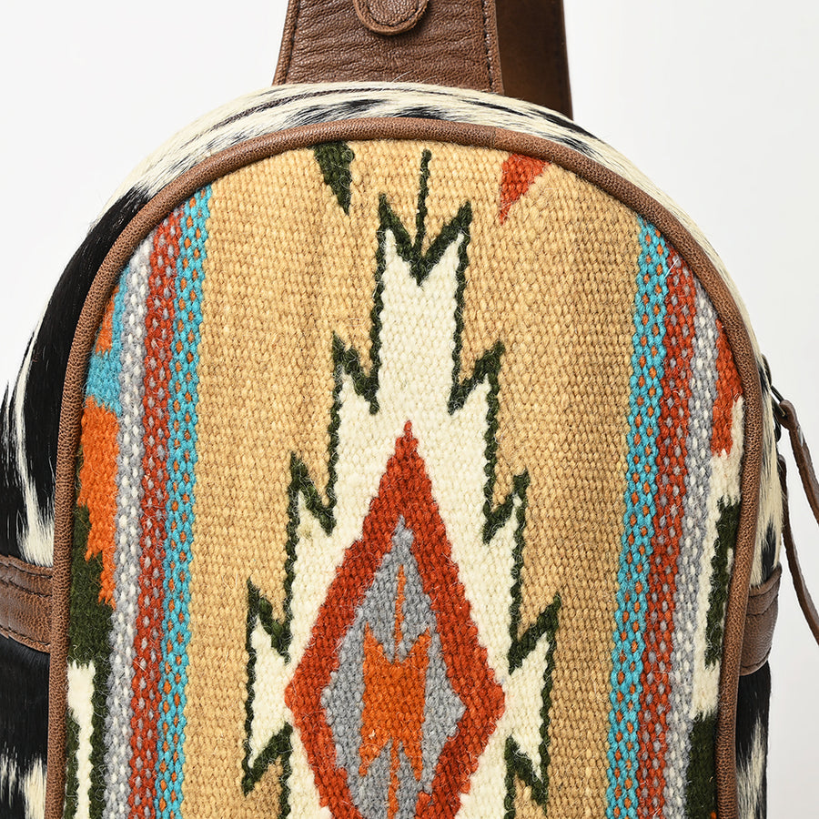 American Darling Western Leather Sling Bag with Hair-On Cowhide, Hand Woven Saddle Blanket Front, Adjustable Strap & Organized Interior