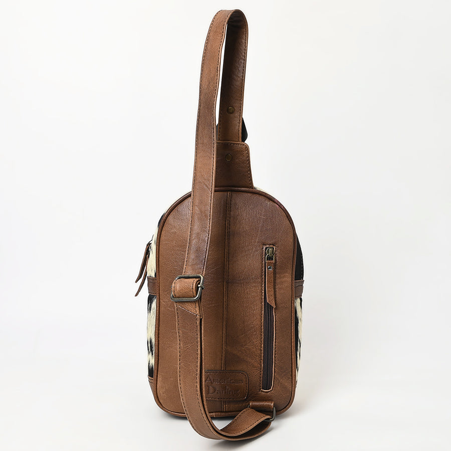American Darling Western Leather Sling Bag with Hair-On Cowhide, Hand Woven Saddle Blanket Front, Adjustable Strap & Organized Interior