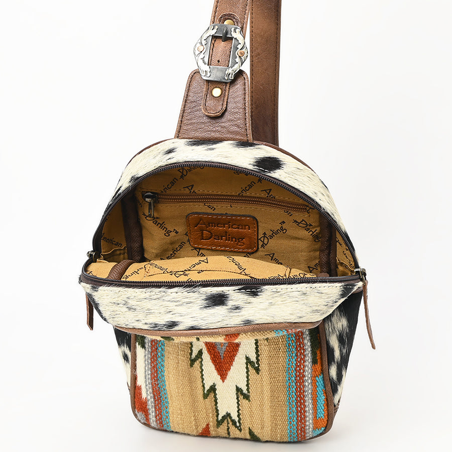American Darling Western Leather Sling Bag with Hair-On Cowhide, Hand Woven Saddle Blanket Front, Adjustable Strap & Organized Interior