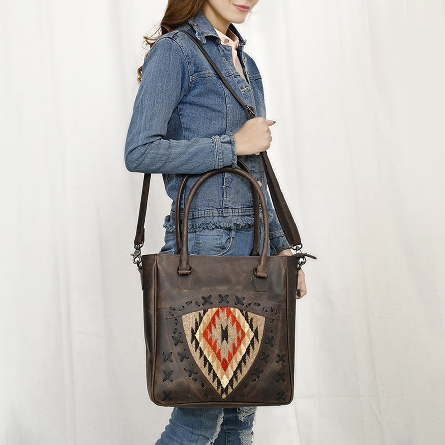 American Darling Premium Western Leather Tote Bag for Women, Hand Woven Saddle Blanket Detail, Vegetable-Tanned Leather