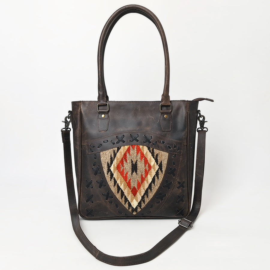 American Darling Premium Western Leather Tote Bag for Women, Hand Woven Saddle Blanket Detail, Vegetable-Tanned Leather