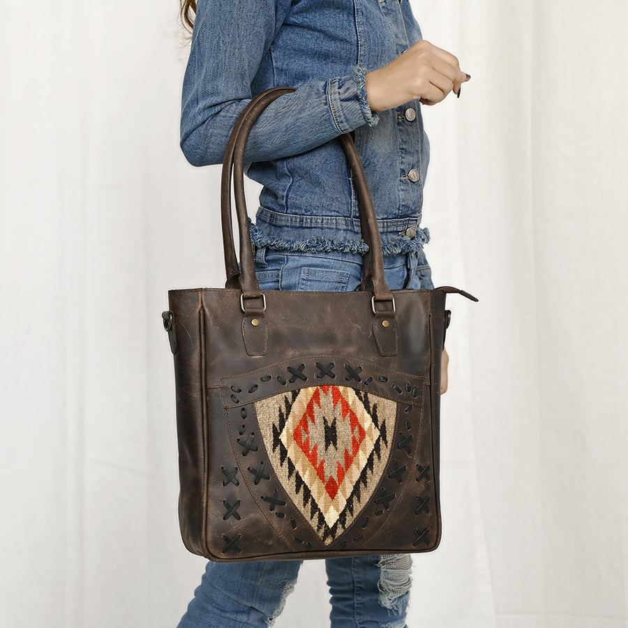 American Darling Premium Western Leather Tote Bag for Women, Hand Woven Saddle Blanket Detail, Vegetable-Tanned Leather