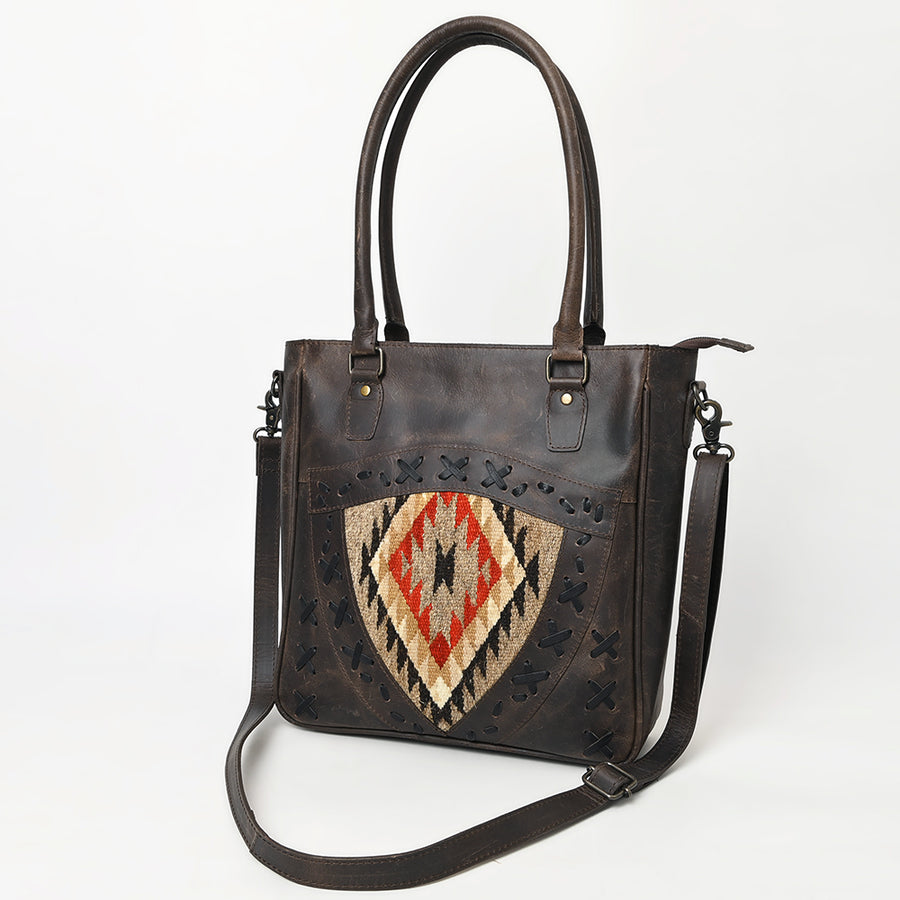 American Darling Western Leather Tote Bag with Hand Woven Saddle Blanket Detail - Uhorse