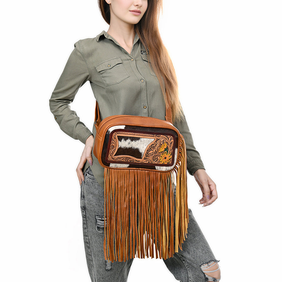 American Darling Western Leather Fanny Pack Bag for Women, Hair-On Cowhide, Hand Tooled Floral, Long Fringes, Adjustable Strap