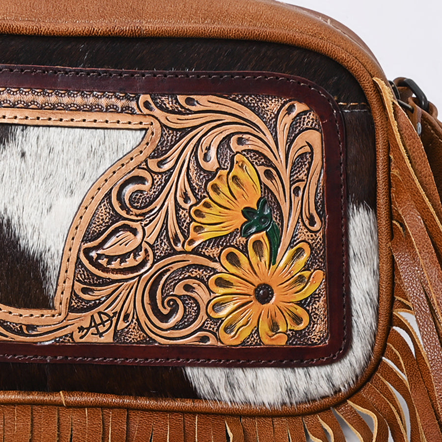 American Darling Western Leather Fanny Pack Bag for Women, Hair-On Cowhide, Hand Tooled Floral, Long Fringes, Adjustable Strap