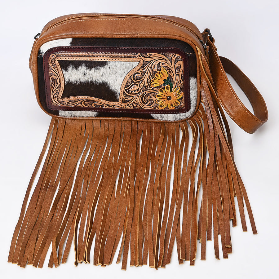 American Darling Western Leather Fanny Pack Bag for Women, Hair-On Cowhide, Hand Tooled Floral, Long Fringes, Adjustable Strap