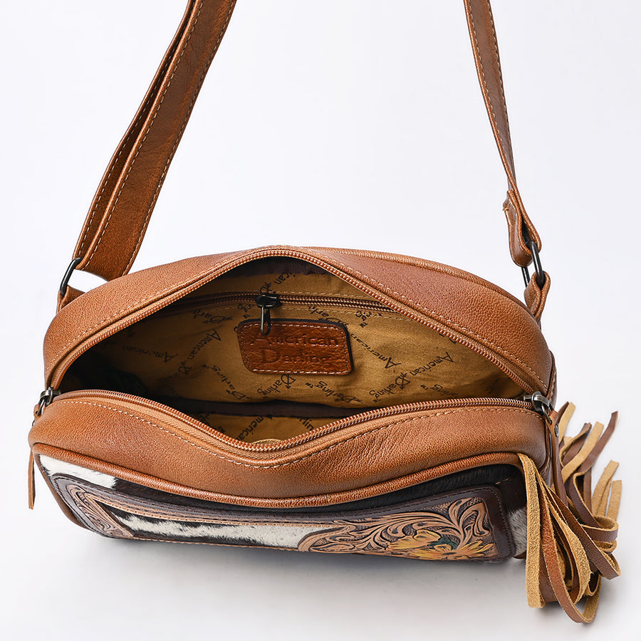 American Darling Western Leather Fanny Pack Bag for Women, Hair-On Cowhide, Hand Tooled Floral, Long Fringes, Adjustable Strap