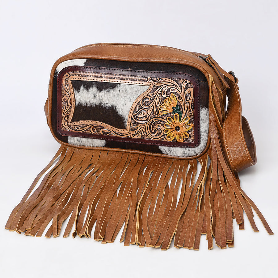 American Darling Western Leather Fanny Pack Tooled Floral and Hair-on Cowhide - Uhorse