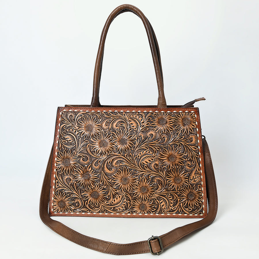 American Darling Women's Tooled Leather Tote Bag, Genuine Full-Grain Leather, Floral Carving, Buck Stitching