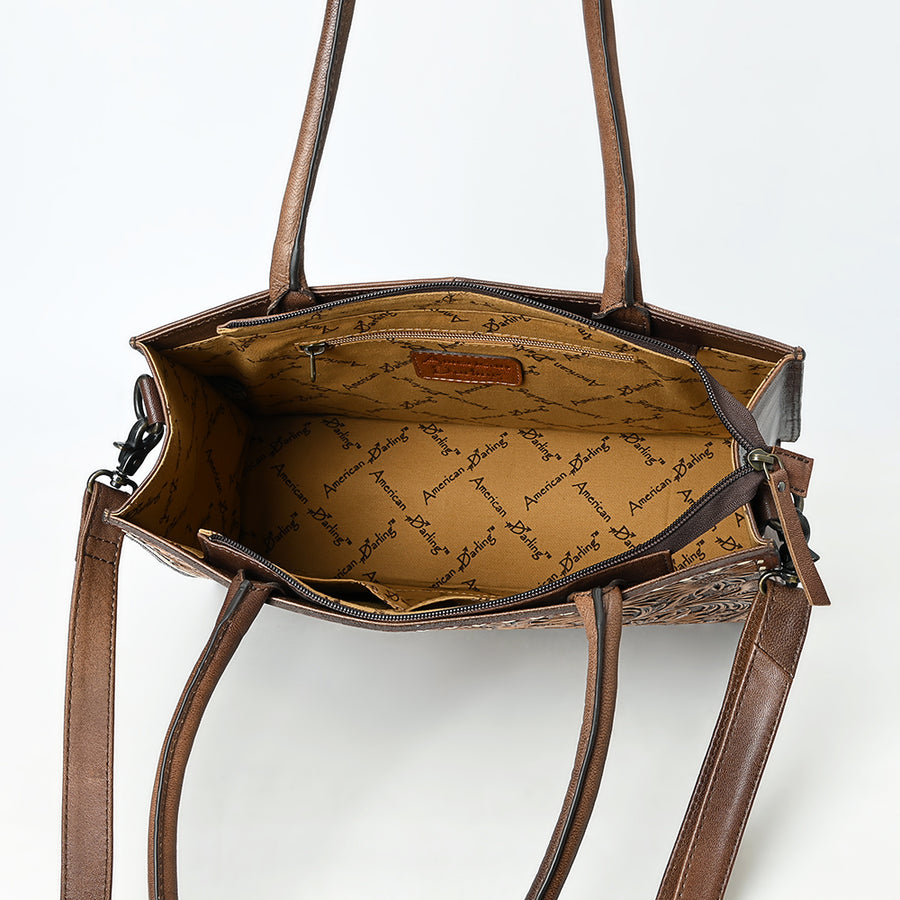 American Darling Women's Tooled Leather Tote Bag, Genuine Full-Grain Leather, Floral Carving, Buck Stitching