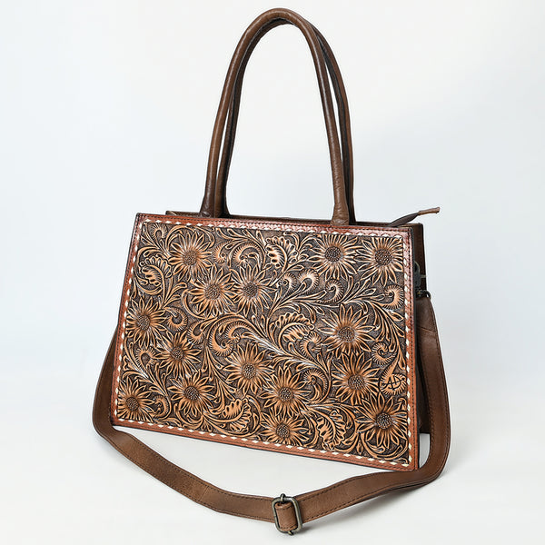American Darling Hand Tooled Western Leather Tote Bag with Floral Carving and Buck Stitching - Uhorse