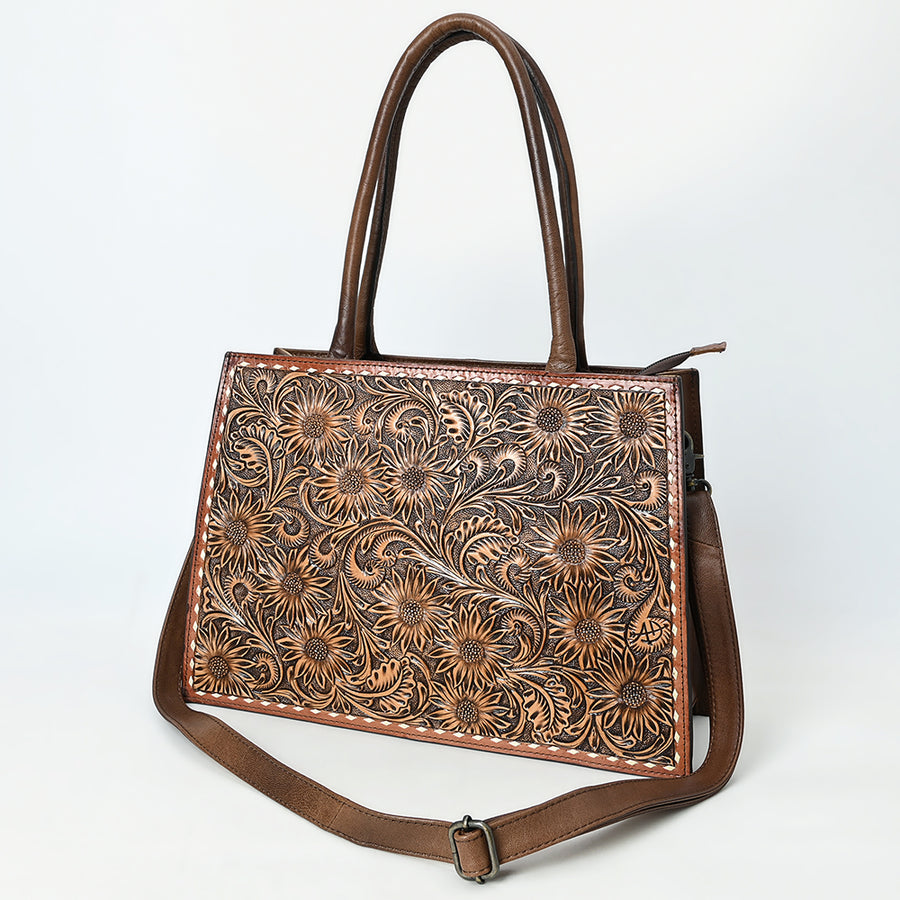 American Darling Hand Tooled Western Leather Tote Bag with Floral Carving and Buck Stitching - Uhorse