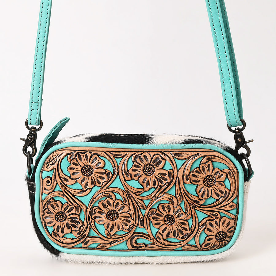 American Darling Women's Small Crossbody Bag, Hair-On Cowhide, Hand-Tooled Floral Leather, Vegetable-Tanned Leather