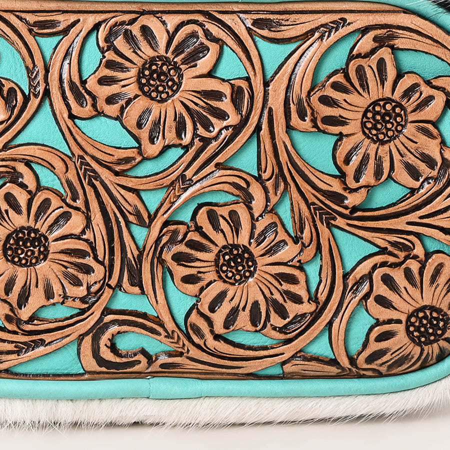 American Darling Women's Small Crossbody Bag, Hair-On Cowhide, Hand-Tooled Floral Leather, Vegetable-Tanned Leather