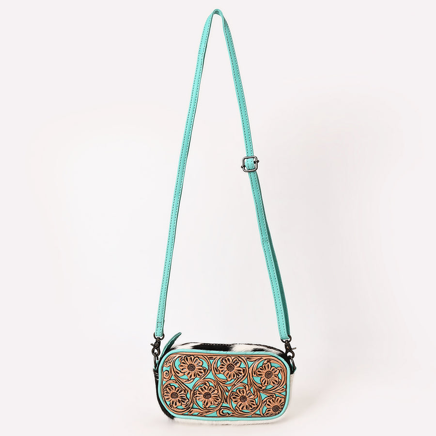 American Darling Women's Small Crossbody Bag, Hair-On Cowhide, Hand-Tooled Floral Leather, Vegetable-Tanned Leather