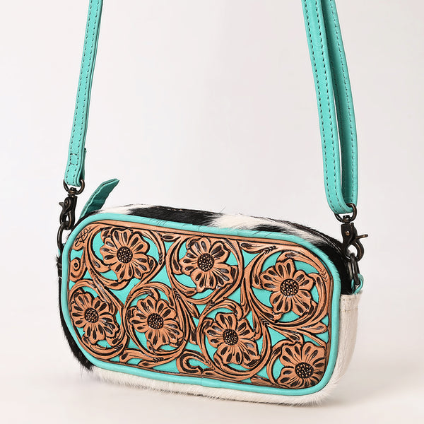 American Darling Western Hair-on Cowhide Small Crossbody Bag with Hand-Tooled Floral Accents - Uhorse