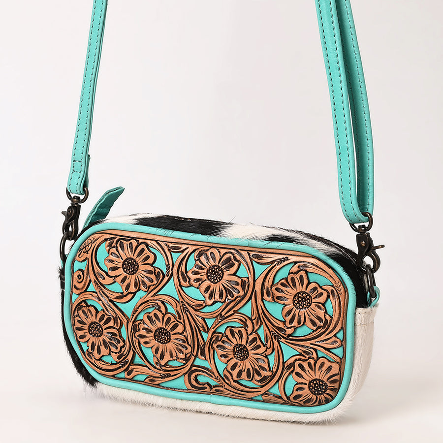 American Darling Western Hair-on Cowhide Small Crossbody Bag with Hand-Tooled Floral Accents - Uhorse