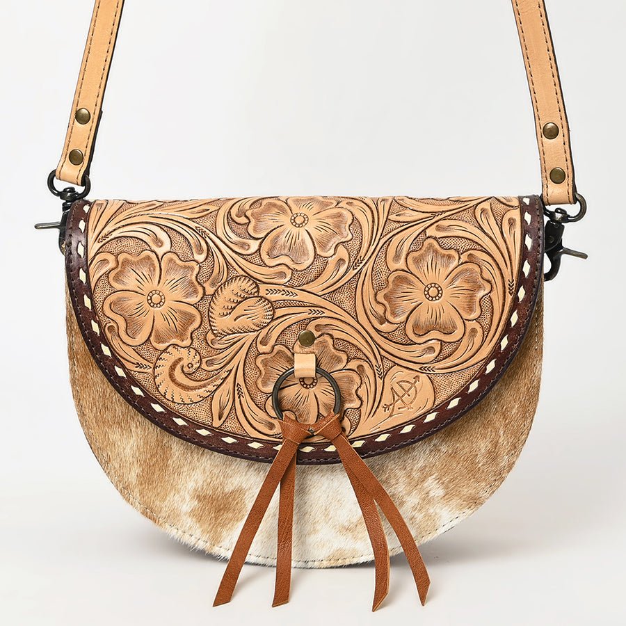 American Darling Small Crossbody Bag – Genuine Leather, Hair-On Cowhide, Hand-Tooled Floral Design, Tassels, Buck-Stitched Finish