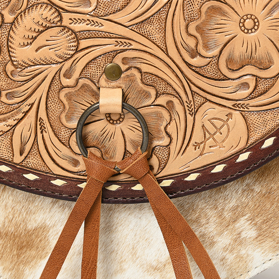 American Darling Small Crossbody Bag – Genuine Leather, Hair-On Cowhide, Hand-Tooled Floral Design, Tassels, Buck-Stitched Finish